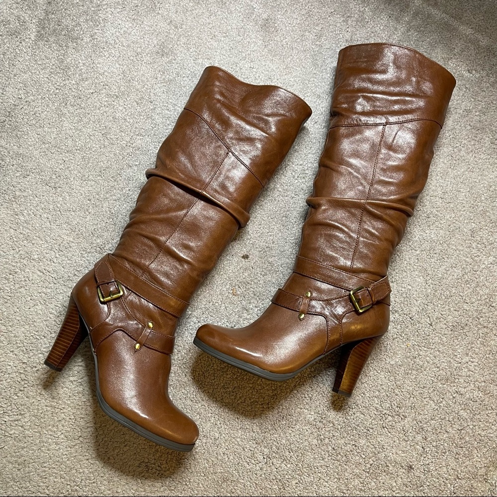 COPY - GUESS Brown Leather Knee High Heeled Buckle Detail Boots Size 8